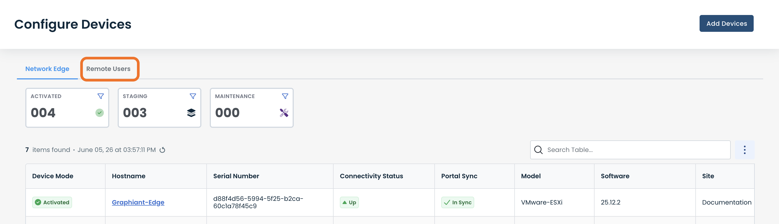 Configuration settings for remote users, showing activated and staging device counts.